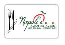 Napoli logo, fork and knife in a sideways triangle over white background